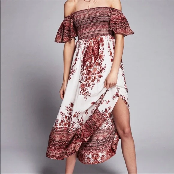 Louise Border Print Midi Dress by Free People, Ivry, XS Louise Border Print Midi Dress by Free People, Ivry, XS